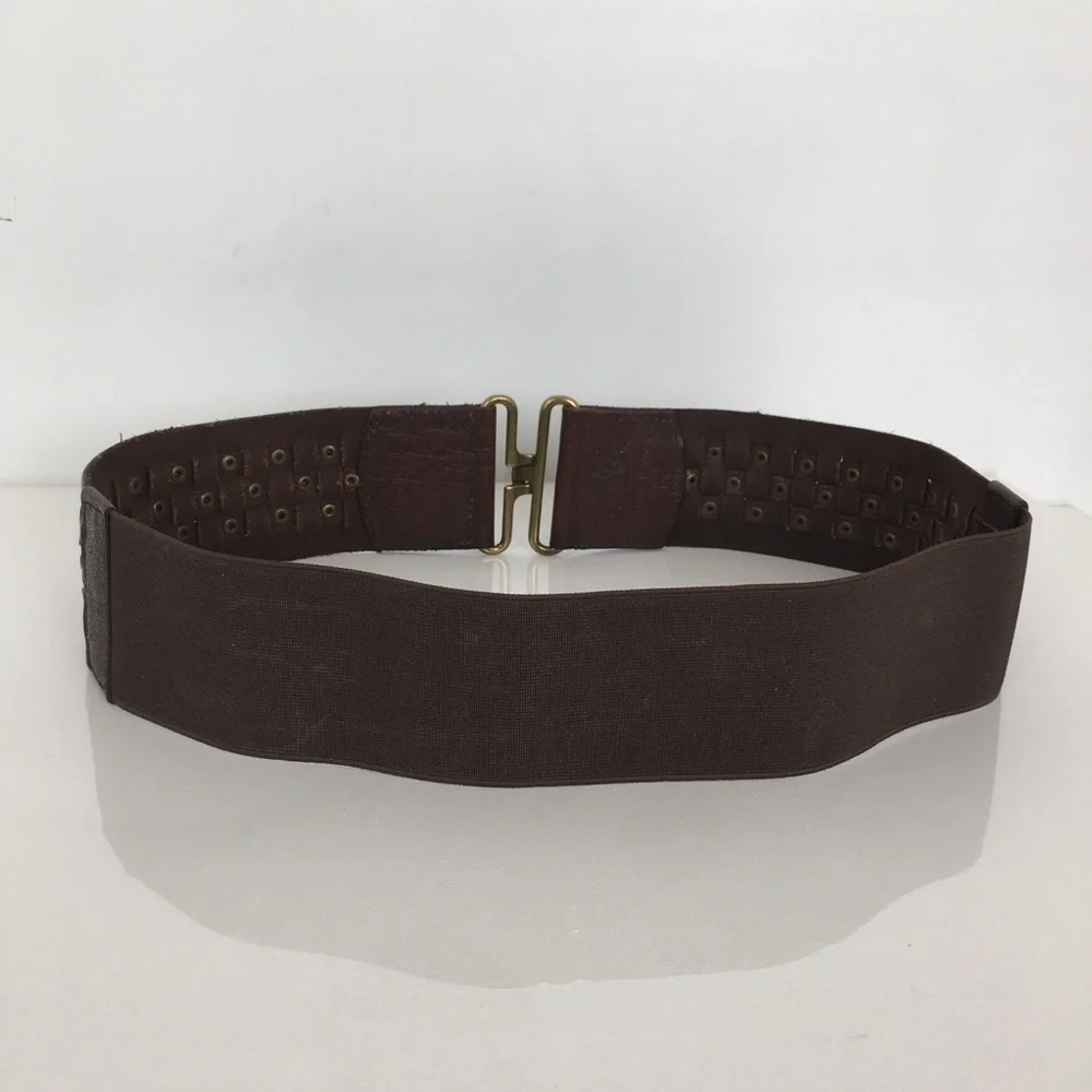 Wide Boho Woven Leather Stretchy Belt Brown with Brass Studs Women’s Size L/XL